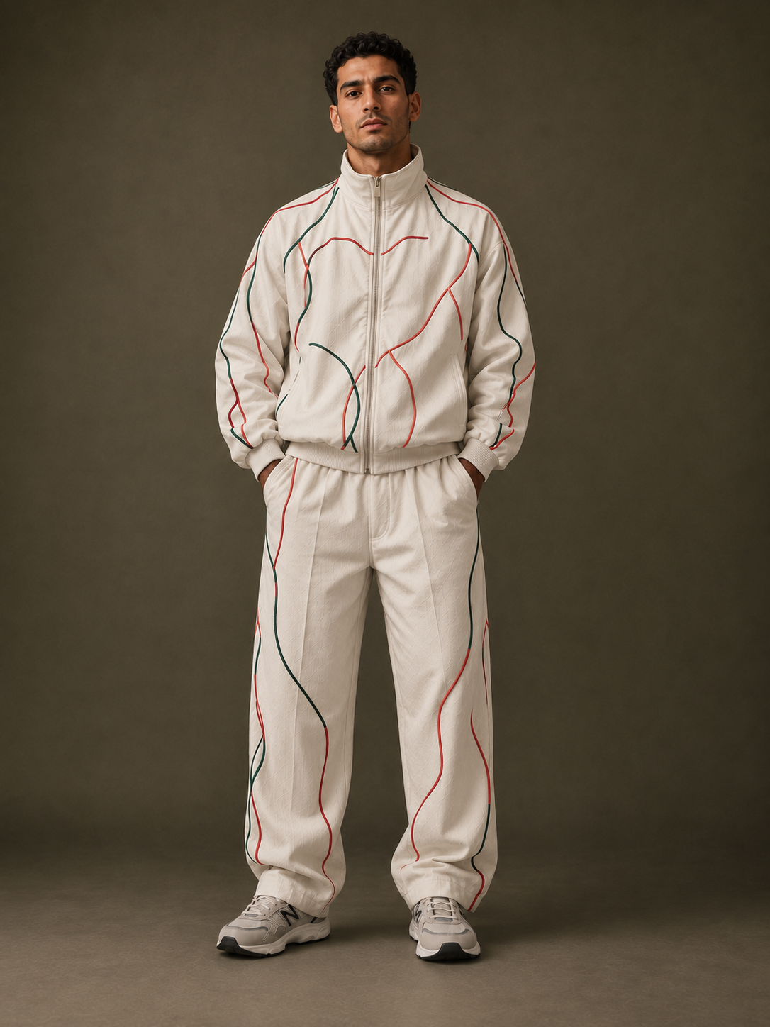 DZR27-007 Le Tracksuit — ensemble écru à passepoils rouge et vert, Hiver 2027 DZIRI